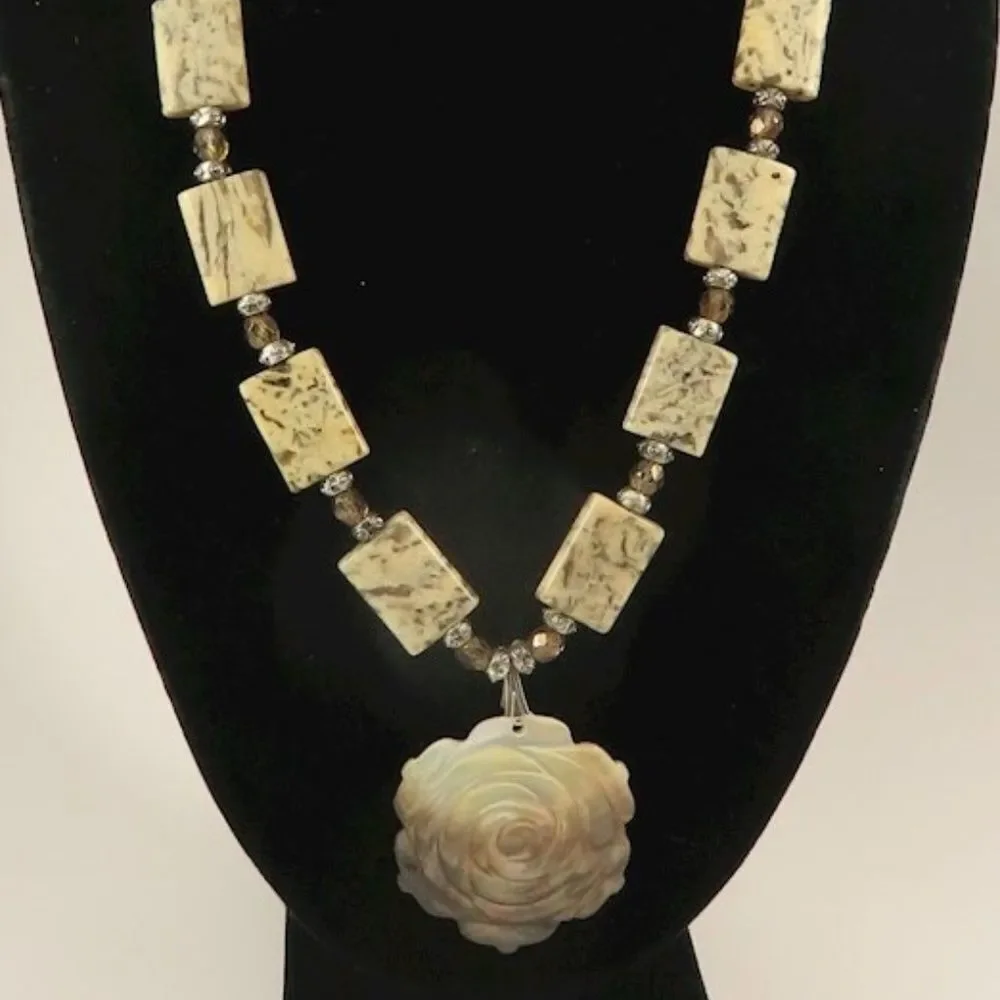 Necklace of Jasper/Carved Shell and Glass Necklace